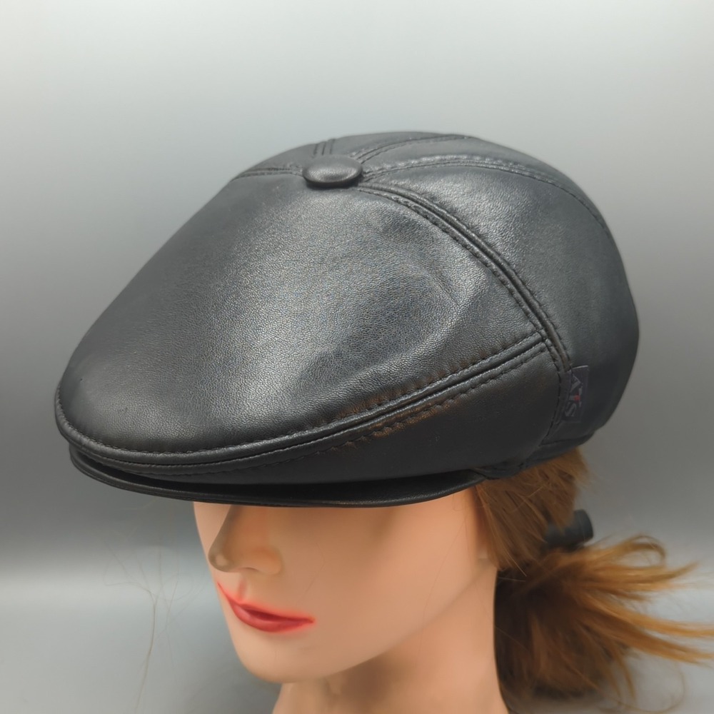 AiS Genuine Leather Flat Cap Ivy Newsboy Driver Hat Black Size 60 cm NWT